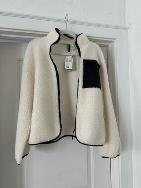 H&M Cream Teddy Sherpa Zip Jacket with Black Trim